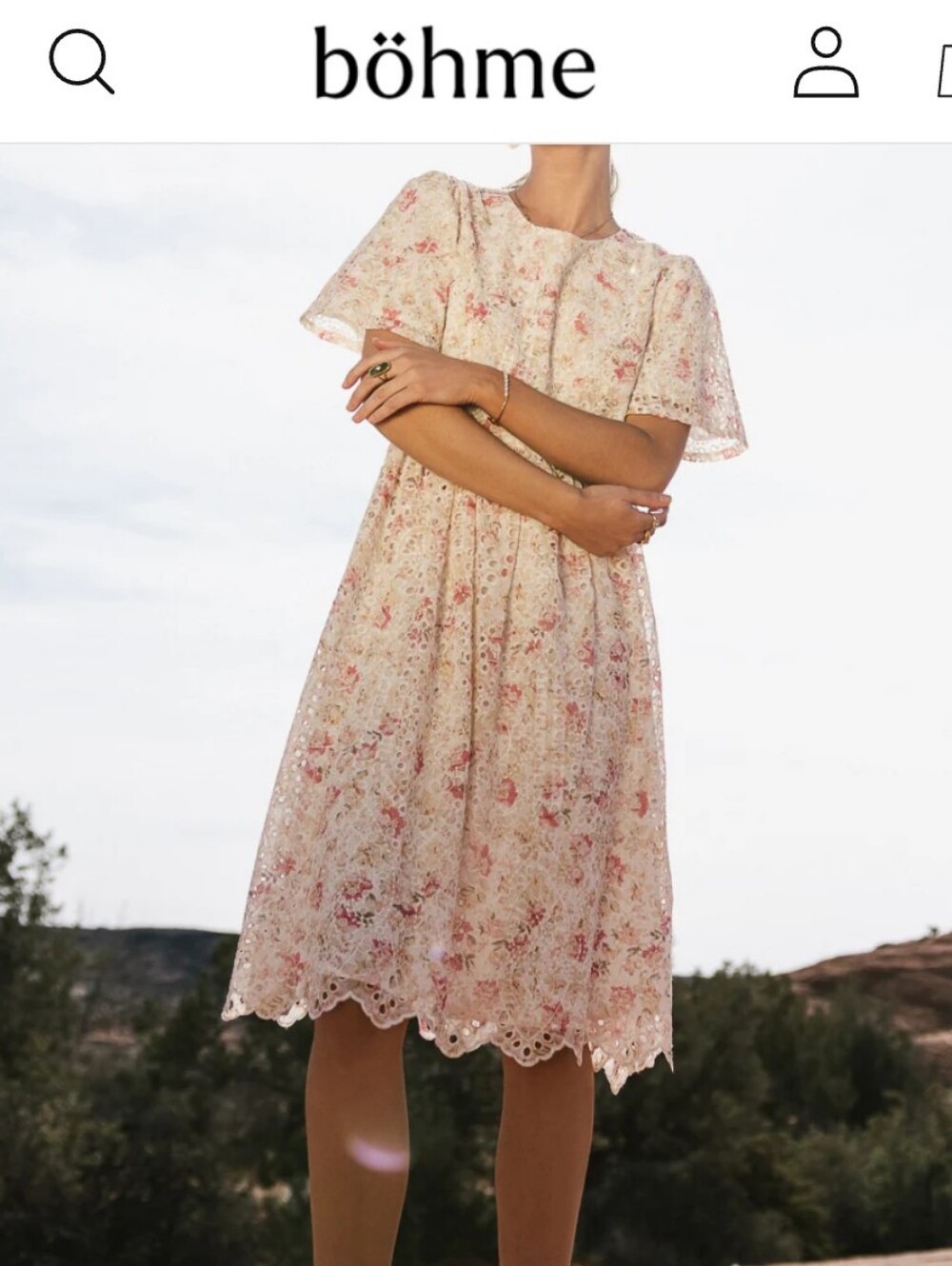 Bohme Renee Eyelet Lace Midi Dress S Cream Pink Floral Short Sleeve